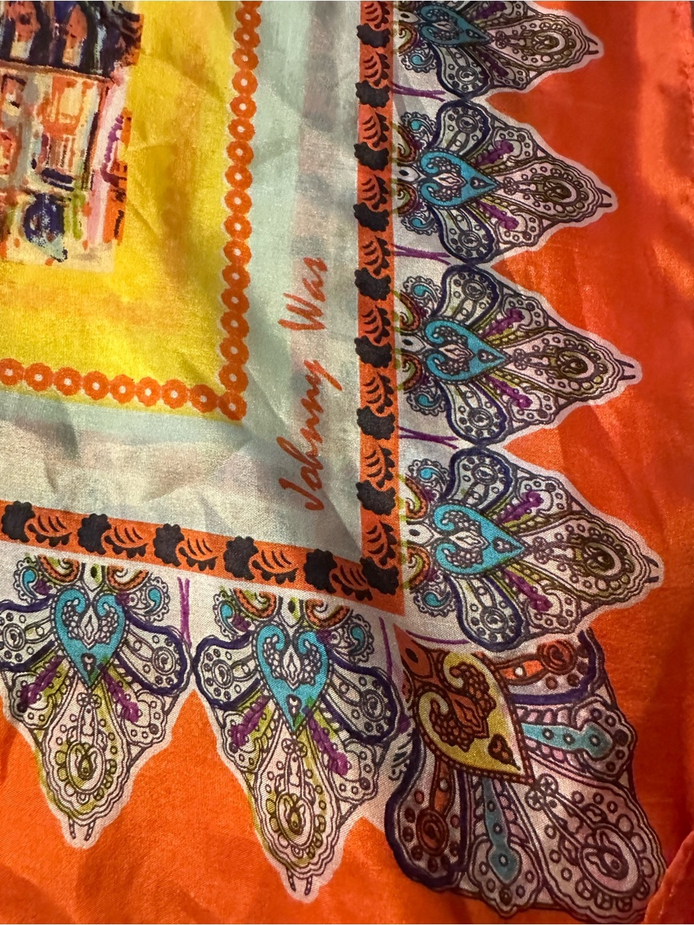 Johnny Was Orange, Yellow & Turquoise Printed Silk Scarf